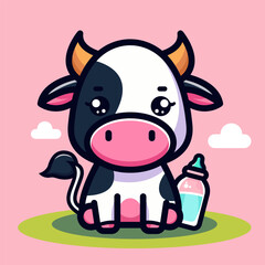 Illustration of cute cow with milk bottle  with flat vector concept