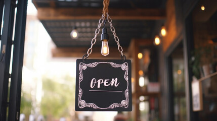 A quaint 'Open' sign hangs on a café entrance, inviting customers with a warm, retro aesthetic and soft lighting. - obrazy, fototapety, plakaty