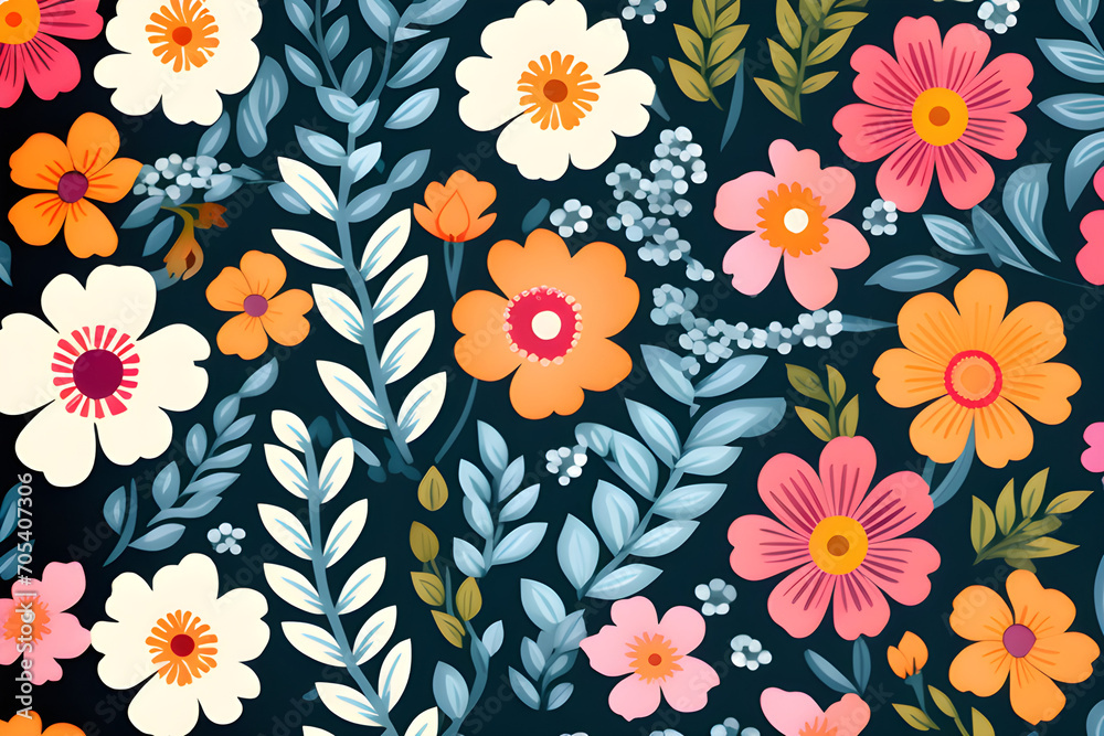 Wall mural seamless patterns decorated with flowers - beautiful patterns in the form of local fabrics and pixel
