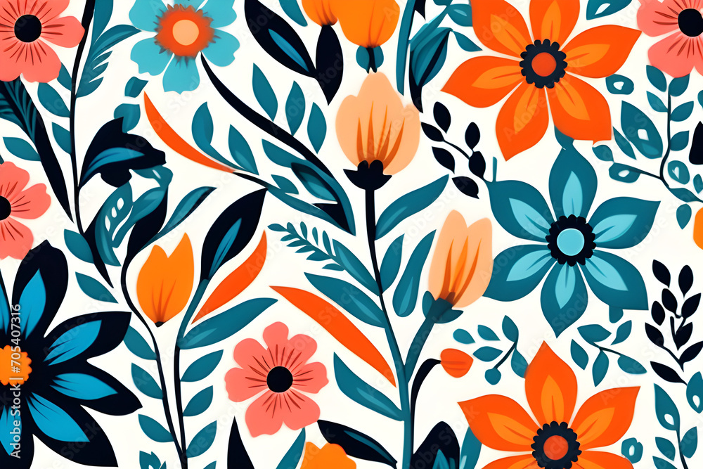Wall mural seamless patterns decorated with flowers - beautiful patterns in the form of local fabrics and pixel