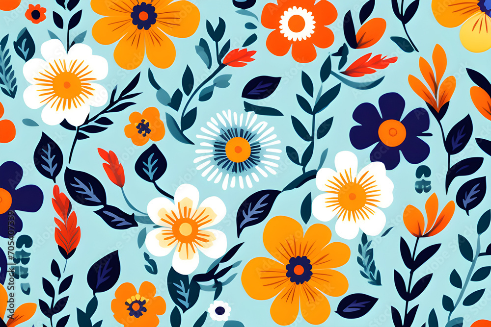 Wall mural seamless patterns decorated with flowers - beautiful patterns in the form of local fabrics and pixel