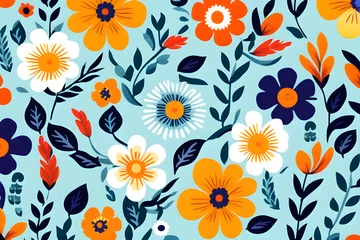 Fotobehang Seamless patterns decorated with flowers - beautiful patterns in the form of local fabrics and pixels that capture tribal culture generative ai © 랑이 자