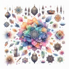 Ramadan Kareem greeting card with arabic lanterns, oranaments and flowers. Watercolor Illustration. Ramadan kareem, eid mubarak, muslim and eid fitr concept.