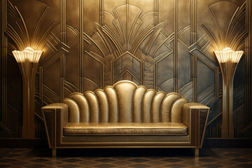 Golden art deco styled sitting room or living room, staged with central couch and  interior decor