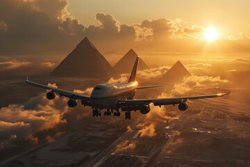 Airplane flying above the pyramids of Giza, travel Egypt aerial view - obrazy, fototapety, plakaty