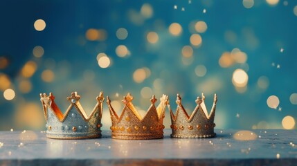 Four ornamental crowns, each with a unique design, displayed on a reflective surface against a...