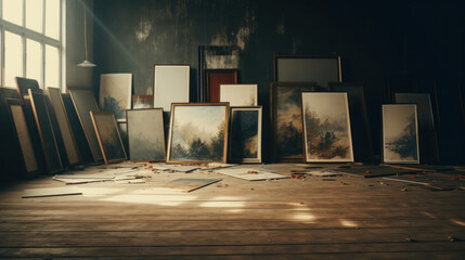 A collection of classic paintings and empty canvases stacked in a dusty attic, invoking a sense of history and artistry.