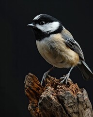 Obraz premium Portrait Black-capped Chickadee standing on old log AI Generative