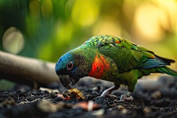 Portrait Blue-faced Parrot Finch eat seeds in the middle of the forest AI Generative