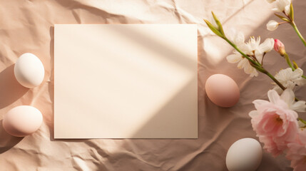 A mockup of blank space with delicate flowers and pastel eggs on a crinkled fabric, perfect for springtime designs.