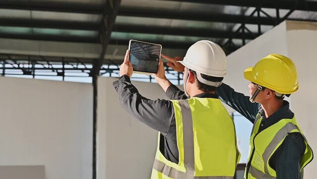 Construction Engineer team uses tablets to check details of work and record data while inspecting construction work, Inspecting progress of work for planning and management.