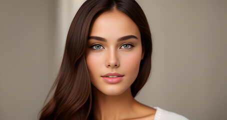 Fototapeta premium Beauty female face. Beautiful brunette woman, portrait close up. Face of sensual woman with blue eyes. Beauty face. Fashion Beauty faces. Model girl with curly hairstyle. Woman face close up.