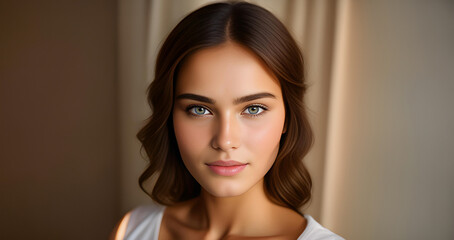 Fototapeta premium Beauty female face. Beautiful brunette woman, portrait close up. Face of sensual woman with blue eyes. Beauty face. Fashion Beauty faces. Model girl with curly hairstyle. Woman face close up.