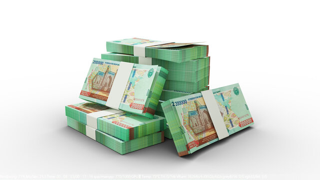 3d rendering of Stacks of 200000 Uzbekistani Som notes. bundles of Uzbekistani currency notes isolated on transparent background