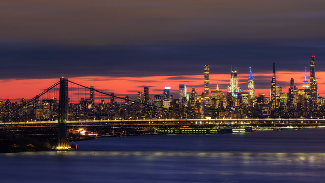 Manhattan Skyline at dawn with Gorge Washington Bridge