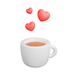 cup of coffee with hearts, concept of love of coffee, cartoon coffee cup, 3d render