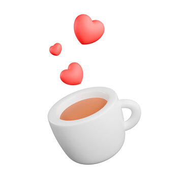cup of coffee with hearts, concept of love of coffee, cartoon coffee cup, 3d render
