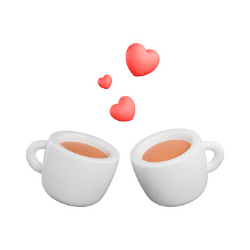 two cups of coffee with hearts, concept of having coffee together, cartoon coffee cups, 3d render