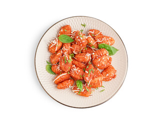 Plate of tasty gnocchi with cheese on white background