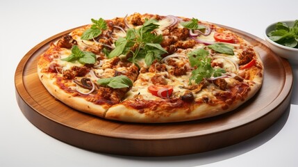 Delicious pizza served on wooden plate top view