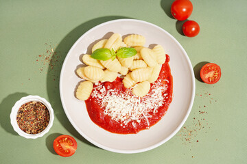 Plate of tasty gnocchi with tomato sauce and cheese on green background