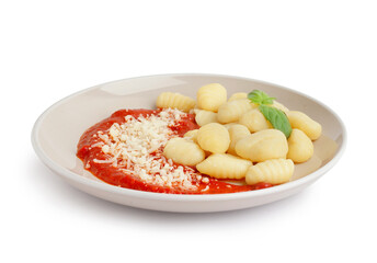 Plate of tasty gnocchi with tomato sauce and cheese on white background