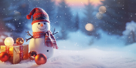 Snowman in winter sunshine on bokeh background. Christmas and New Year concept in a blue background Cute blue knitted hat and scarf standing in the snow  blue blurred background