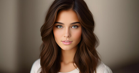 Fototapeta premium Beautiful brunette girl, closeup face. Beautiful brunette woman, portrait closeup. Face of young woman with blue eyes and wavy hair. Beauty face. Model girl with curly hairstyle. Woman face close up.