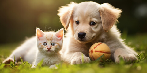  happy puppy dog and kitten posing smiling cat and a dog together concept of friendship between different species loving each other Puppy playing with a kitten on the lawn of dandelions.