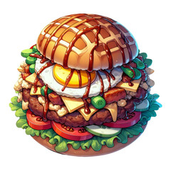 A tasty hamburger with egg Omlet and cheese. Delicious burger with ingredients on transparent background PNG clipart - obrazy, fototapety, plakaty