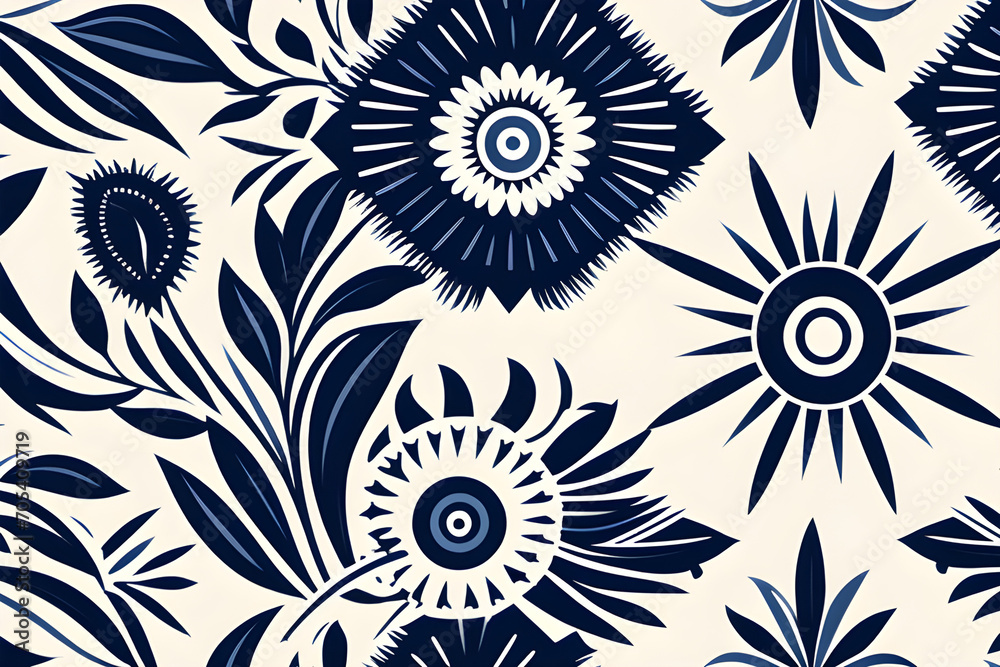Wall mural seamless pattern set in white and navy blue - square design of local fabric pattern containing triba