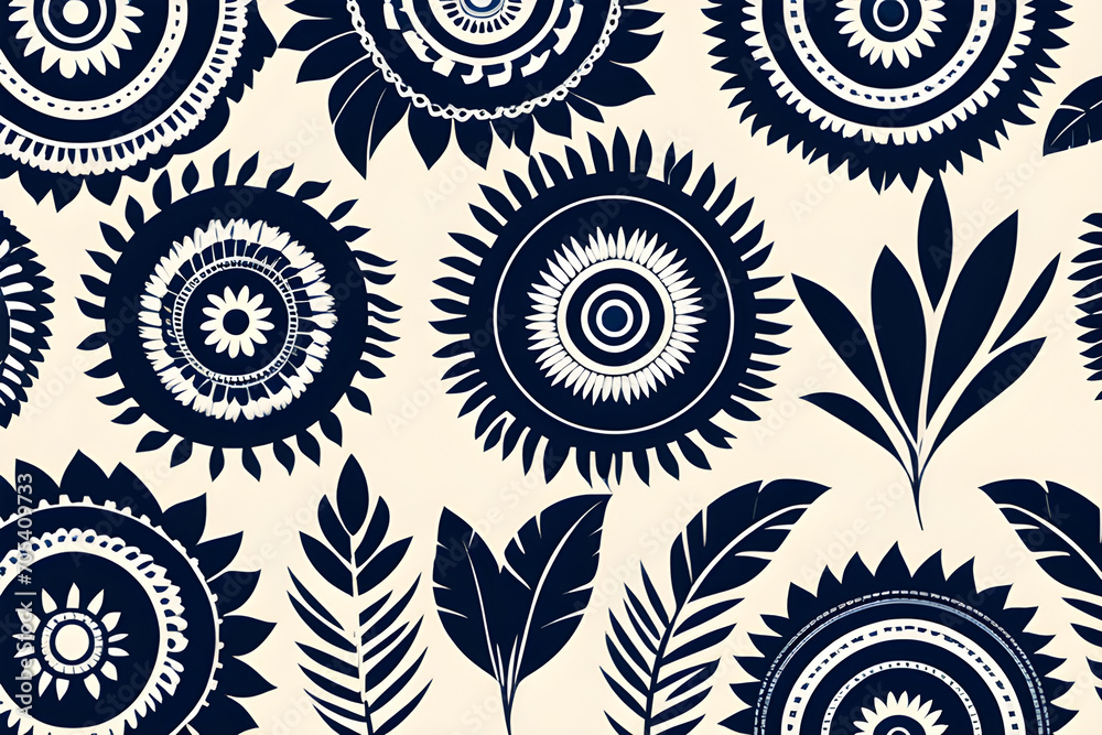 Wall mural seamless pattern set in white and navy blue - square design of local fabric pattern containing triba