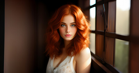 Fototapeta premium Beautiful ginger girl, closeup face. Beautiful brunette woman, portrait closeup. Face of young woman with blue eyes and wavy redhead hair. Beauty face. Model girl with curly hairstyle. Woman face.