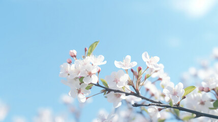 Cherry blossom branches extending into a clear blue sky, symbolizing the fresh start of spring.