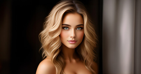 Fototapeta premium Young attractive woman. Beautiful woman, portrait close up. Gorgeous woman with blue eyes, perfect skin, plump lips. Beauty face. Fashion portrait. Beauty model girl with curly hairstyle.