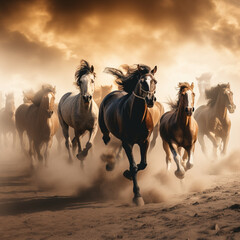 horse with long mane run gallop in desert a group of big young beautiful energetic powerful horses running or galloping towards the camera in the desert, ultra wide angle lens.

