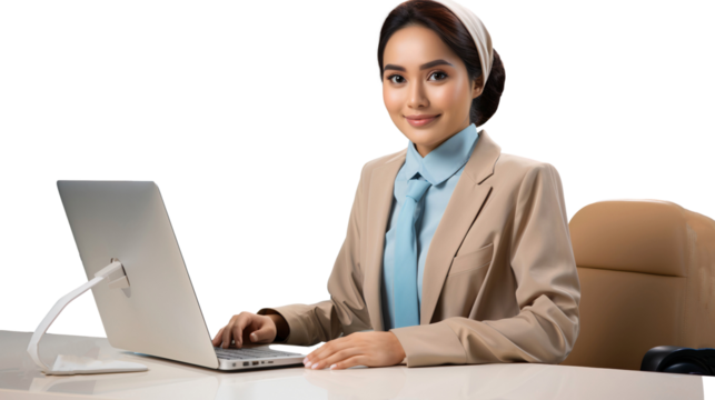Business woman working on laptop isolated on transparent background