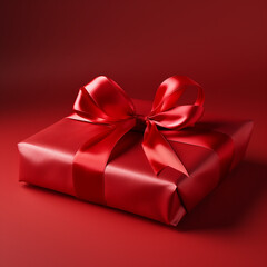 Red gift box with red bow on red background. 3d rendering