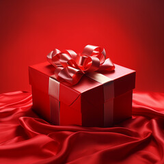 Red gift box on red satin background. 3d rendering.