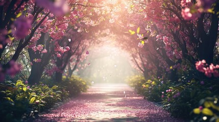 Pink tree and flowers blossom and falling at the garden tunnel on morning with sunlight. 