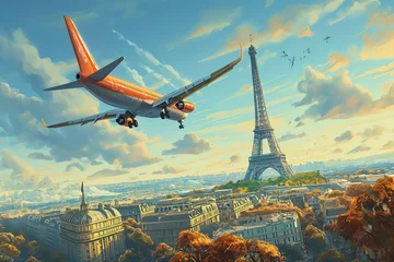 Foto op Canvas Airplane above Eiffel tower in Paris, cartoon illustration, travel Europe, scenic, relocation © Roman