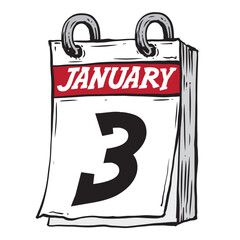 Simple hand drawn daily calendar for January line art vector illustration date 3, January 3rd