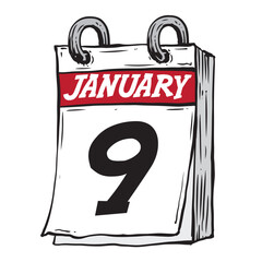 Simple hand drawn daily calendar for January line art vector illustration date 9, January 9th