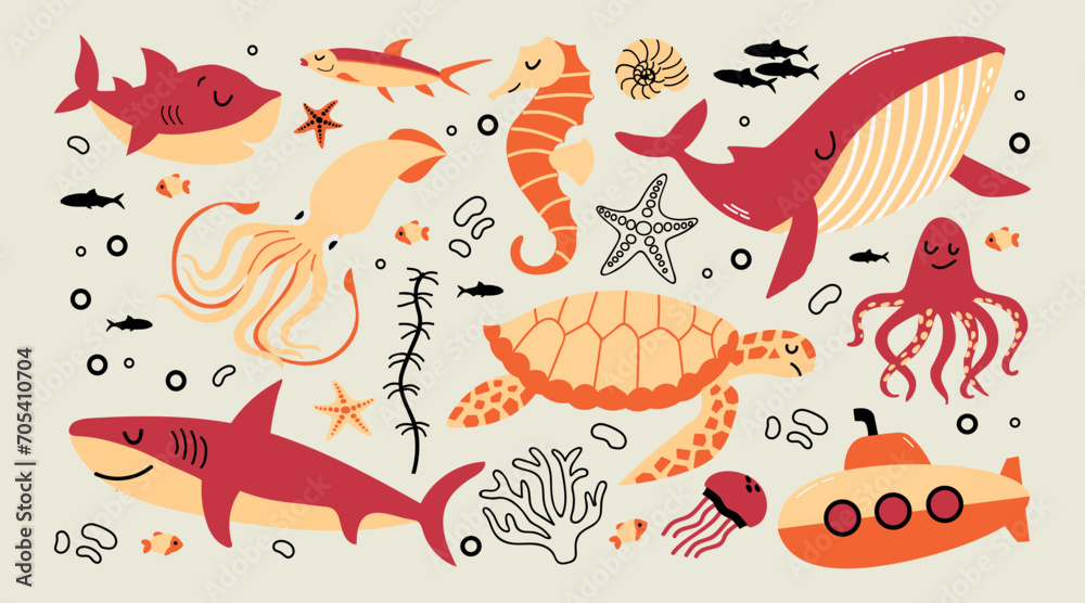 Wall mural Set of sea and ocean animals turtle, squid, fishes, whale, octopus, submarine cartoon vector illustration