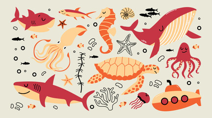 Set of sea and ocean animals turtle, squid, fishes, whale, octopus, submarine cartoon vector illustration