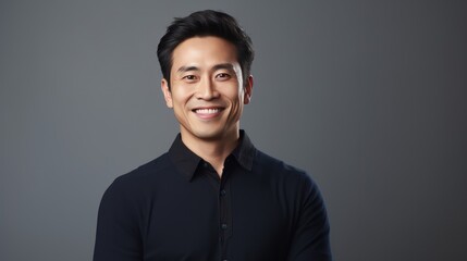 A Portrait of an Asian man smiling mischievously on a white isolated transparent background.