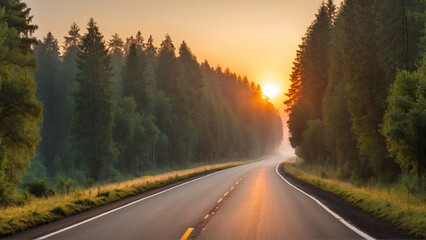 A long road with dense trees on the sides at sunrise
