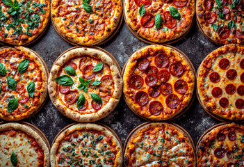 Several round pizza pies lined up in rows, generative ai
