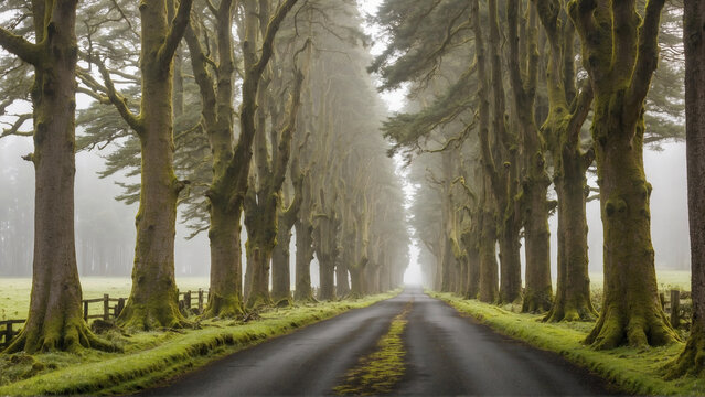 The straight asphalt road extends along the sides with large, old trees covered in moss