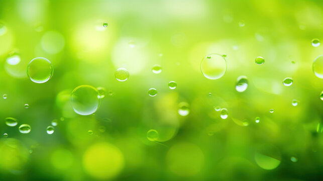 Close-up of bright green water droplets suspended in the air with a bokeh effect.